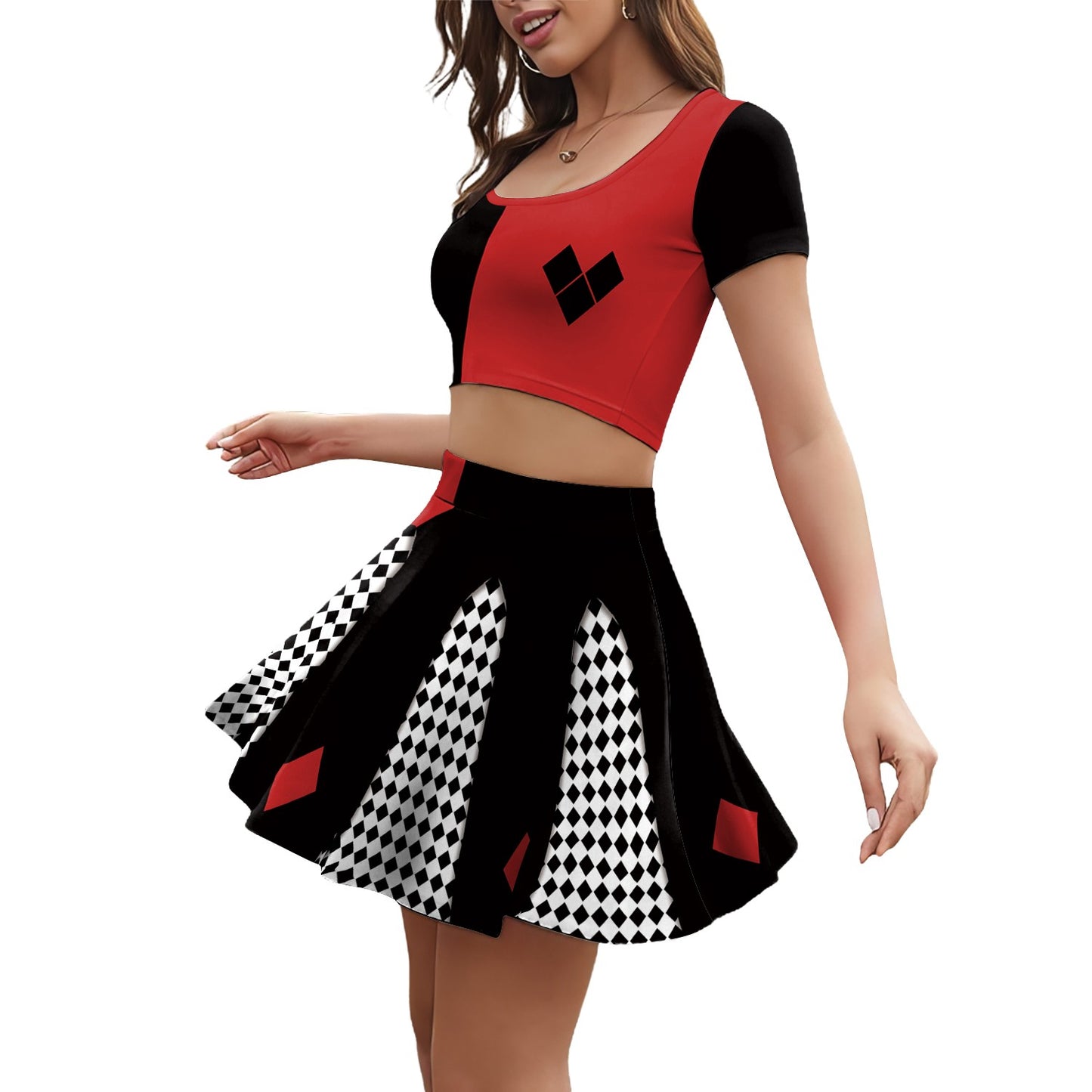 Movie Clown Cosplay Costume Halloween Harry Q Party Outfit Red Black Crop Top Performance Pleated Skirt Carnival Holiday Dresses