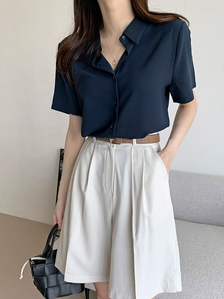 New French High-end Chiffon Simple Dressing Short-sleeved Shirt Top for Women