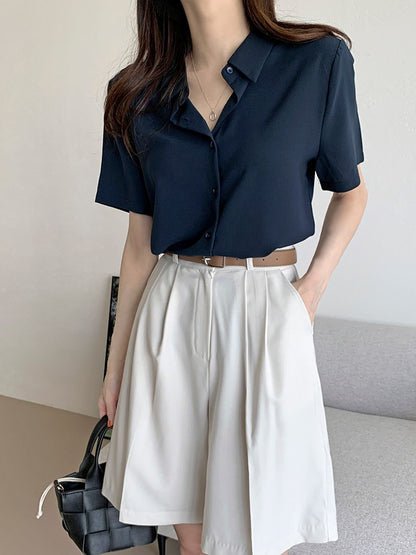 New French High-end Chiffon Simple Dressing Short-sleeved Shirt Top for Women