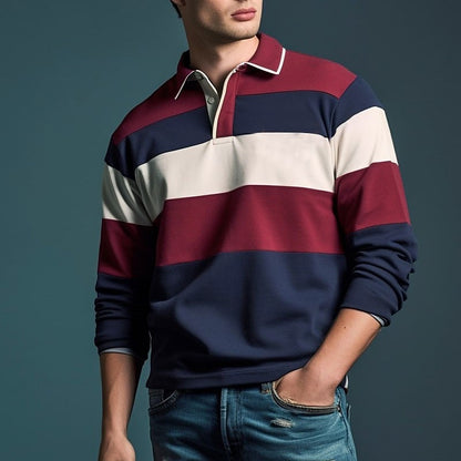Men's Long Sleeve Polo Shirt 3D Stripes Print Pullover Autumn Business Casual Turn-down Collar Buttoned Oversized Mens Clothing