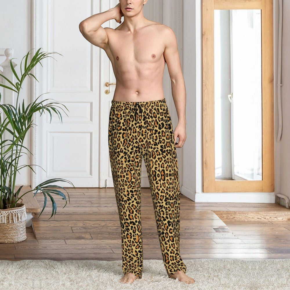 Custom Leopard Print Pajama Pants Men's Animal Skin Sleepwear Lounge Sleep Bottoms Stretch with Pockets