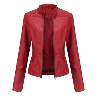 Red Women's PU Jacket, Vertical Collar Zipper Motorcycle Leather Coats,  Fashion Casual Coat Female Outerwear, Black Purple Top.
