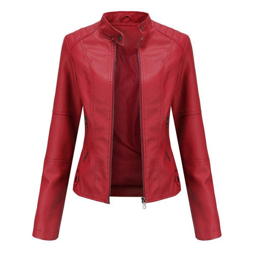 Red Women's PU Jacket, Vertical Collar Zipper Motorcycle Leather Coats,  Fashion Casual Coat Female Outerwear, Black Purple Top.