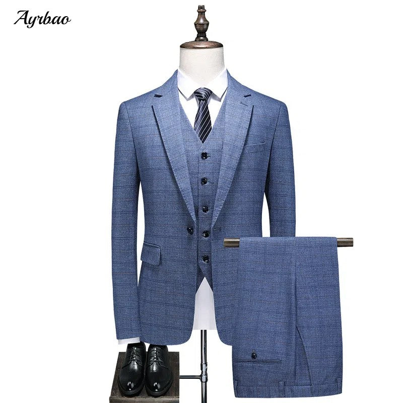 Mens Suits 3 Piece Business Office Formal Set Checkered Pattern Slim Fit Blazer Vest Pants High Quality Luxury Work Wedding