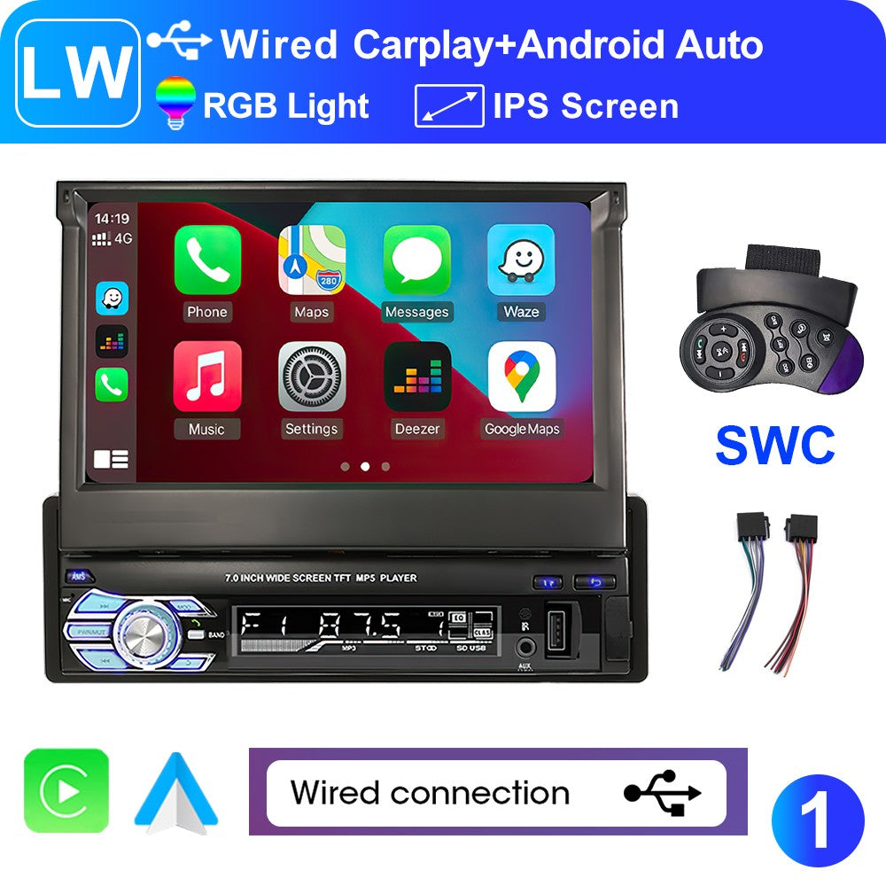 LEHX 1 Din 7inch IPS Retractable Screen Car Radio  Multimedia Player Universal Audio Video Wired CarPlay Android Auto