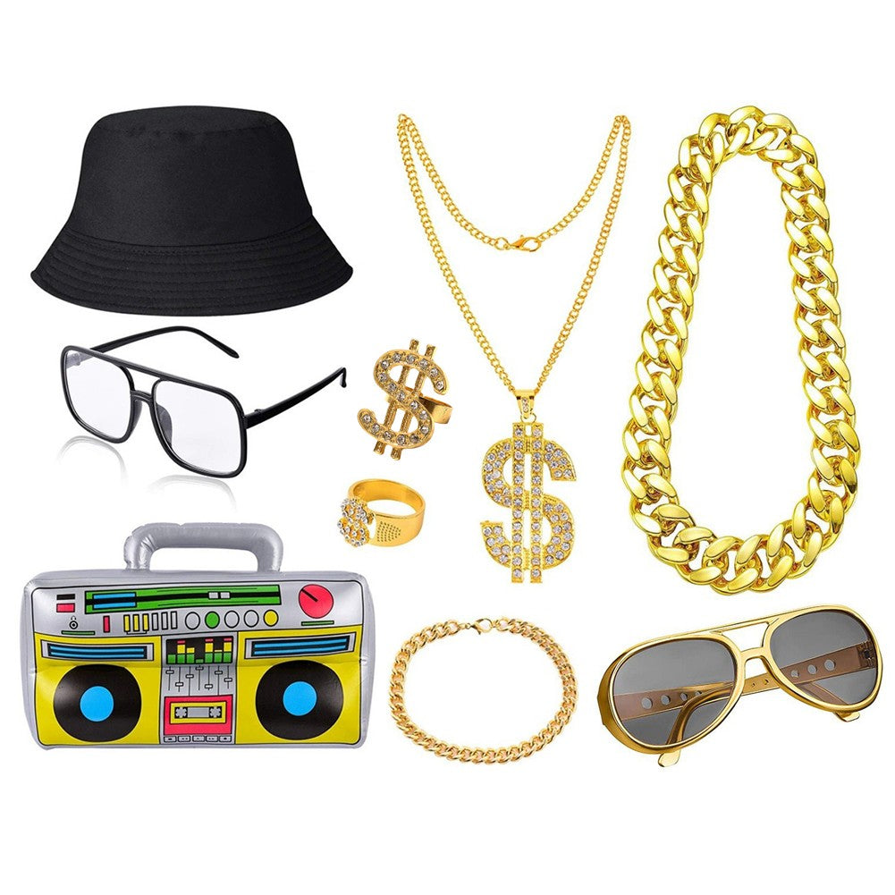 80s 90s Costume Outfit Set Big Gold Chain 80s/90s Rapper Accessories Glasses Bracelet Hip Hop Fancy Dress Costumes for Men Women
