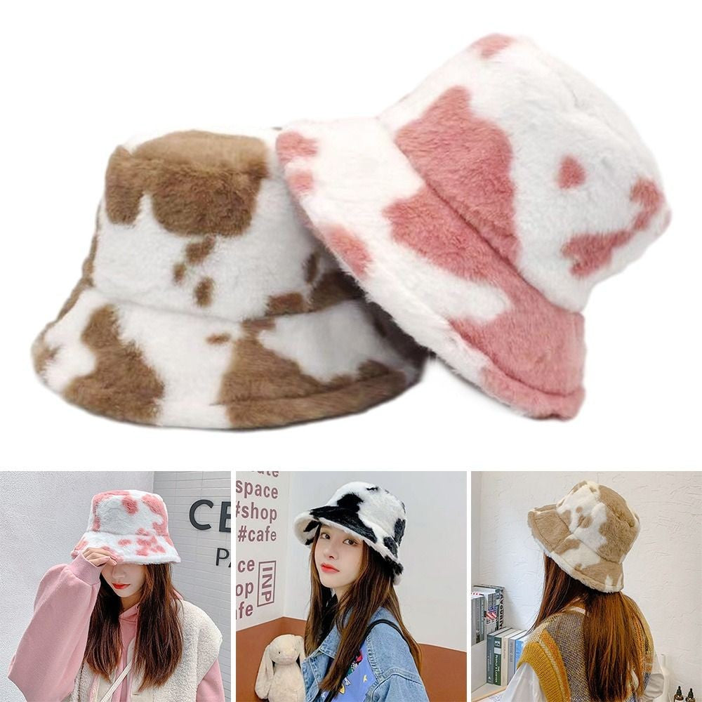 Winter Bucket Hat Women's Fashion Milk Cow Grain Panama Warm Hats Female Vintage Faux Fur Fisherman Cap Hats For Women Casual