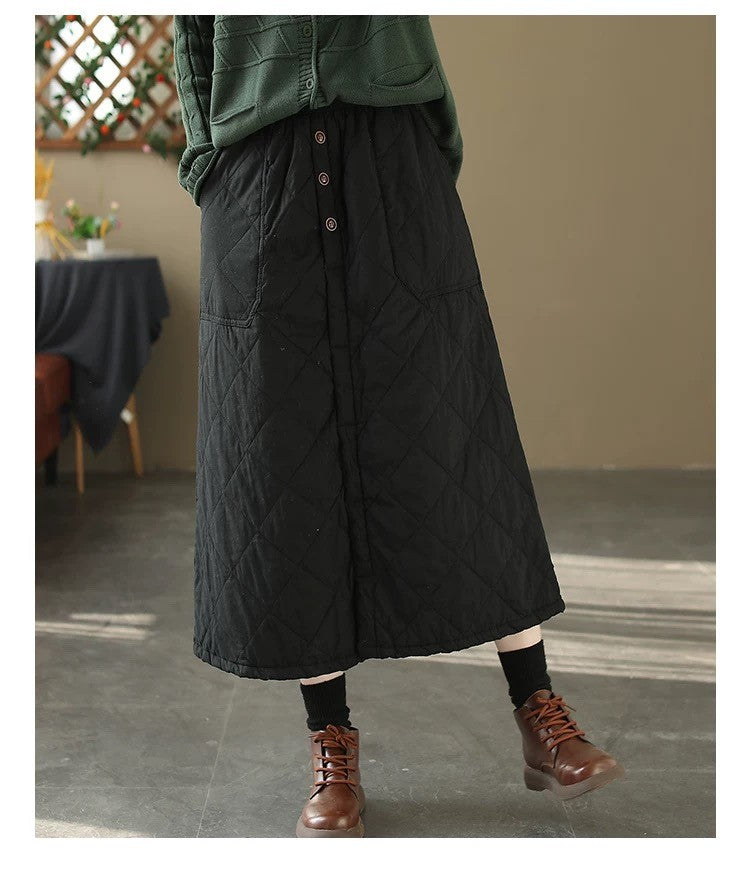 Retro Warm Cotton Quilted Long Midi Skirt High Waist A-Line Skirt for Middle-Aged And ly Women Diamond Patterned f Skirt