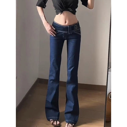 Women's High Waist Blue Flared Jeans Bleach Bootcut Korean 2000s High Street Baggy Denim Pants Y2k Japanese Harajuku Bell Bottom