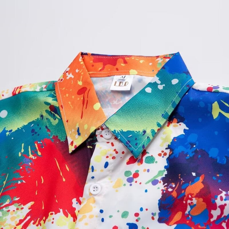 Y2K Men Oversize Street Fashion Summer Daily Shirt Hawaiian Splash-ink Print Casual Loose Short Sleeve Beach Shirts For Man Tops