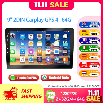 ESSGOO Rádio Estéreo Automotivo 9 polegadas 2 DIN Sem Fio CarPlay Android Auto Bluetooth 64G GPS Navegação RDS WiFi USB FM DAB+CÂMERA