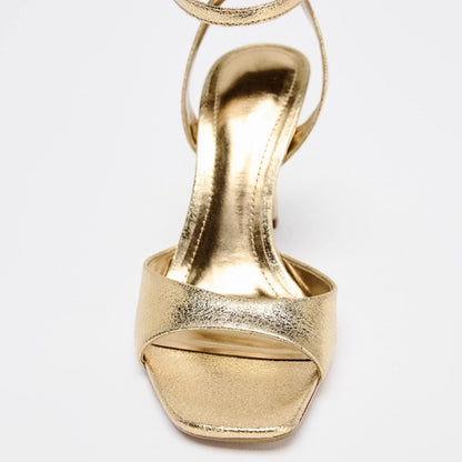 Gold Patent Leather Ankle Buckle High Heeled Sandals Women Sexy Square Toe Open Toe High Heels Summer Fashion Party Office Shoes