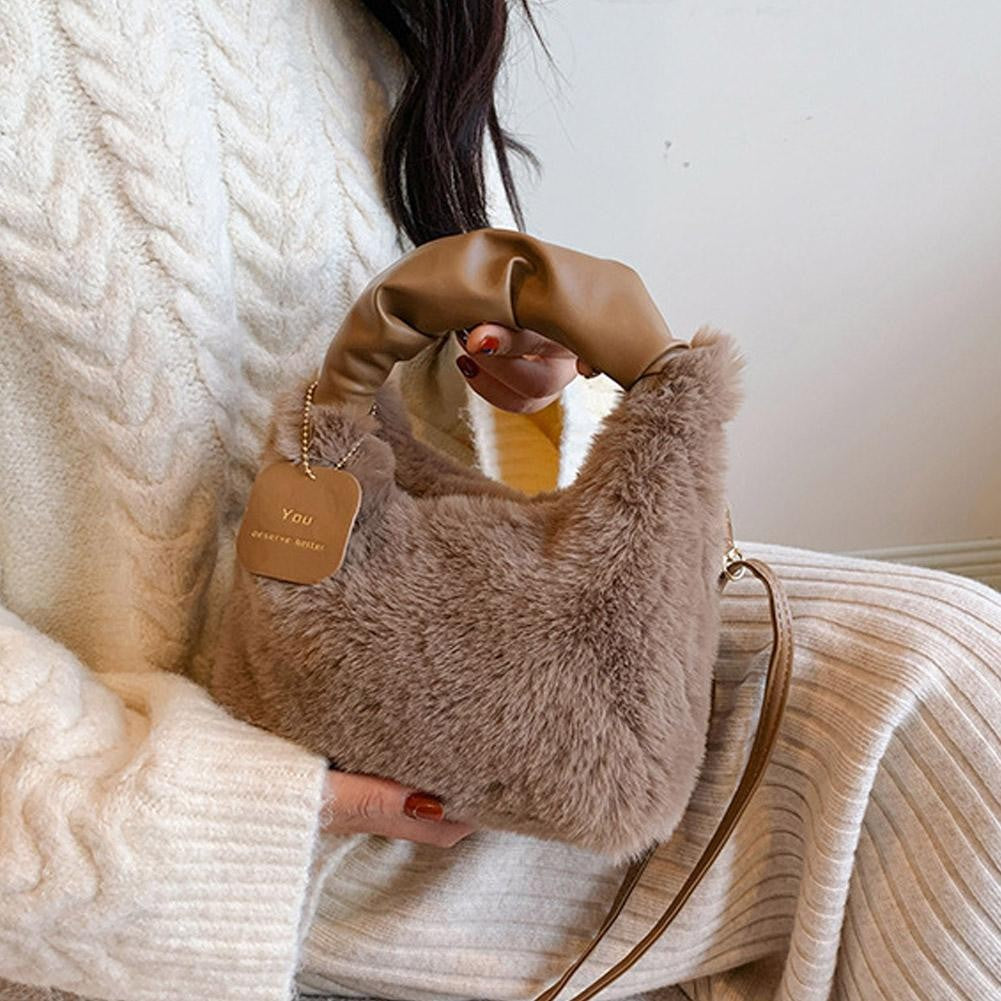 New Winter Plush Handbag Small Half Moon Crossbody Bag Simple Elegant Cute Ladies Shoulder Bag
