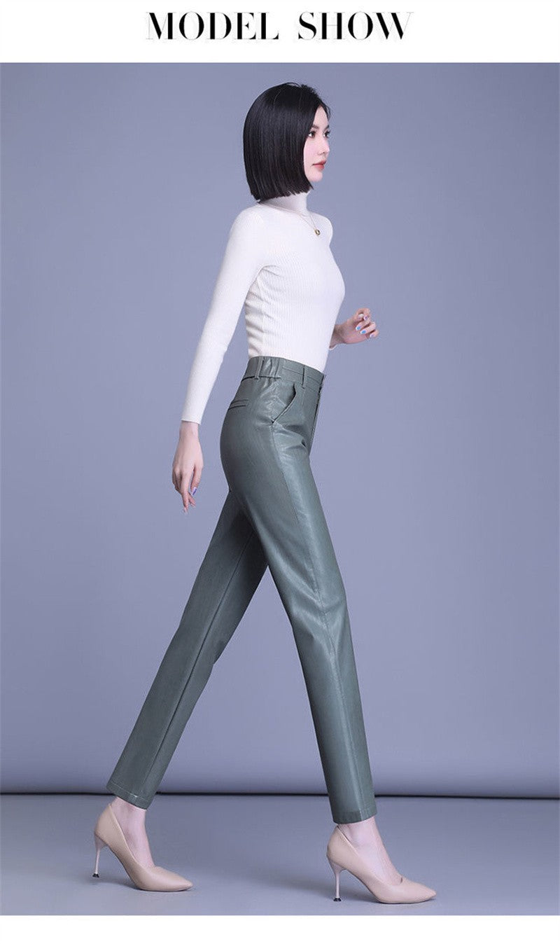 2023 Spring Autumn Sheepskin Pants Women High-waist Straight Pants Slim Lady Genuine Leather Casual Trousers Ankle-Length Pants