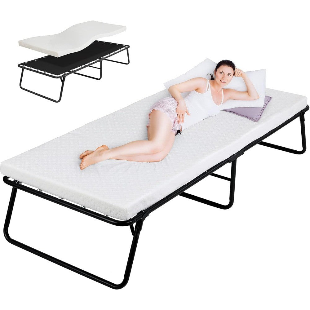 Rollaway Bed with Mattress for Adults,Foldable Bed,Portable Bed,Metal Bed Frame with Memory Foam Mattress, Guest Bed for Bedroom