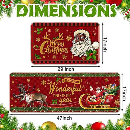 2 Pcs Christmas Kitchen Rugs Black Santa Christmas Decorations Xmas Winter Floor Mats Non Slip Washable Rubber Backing Doormat