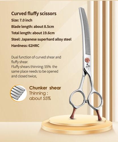 Fenice ZB Profissional 6.5/7.0 Polegadas JP440C Tesoura Curva Fluffy/Desbastadeira para Tosa de Cães para Tosadores/Uso Familiar