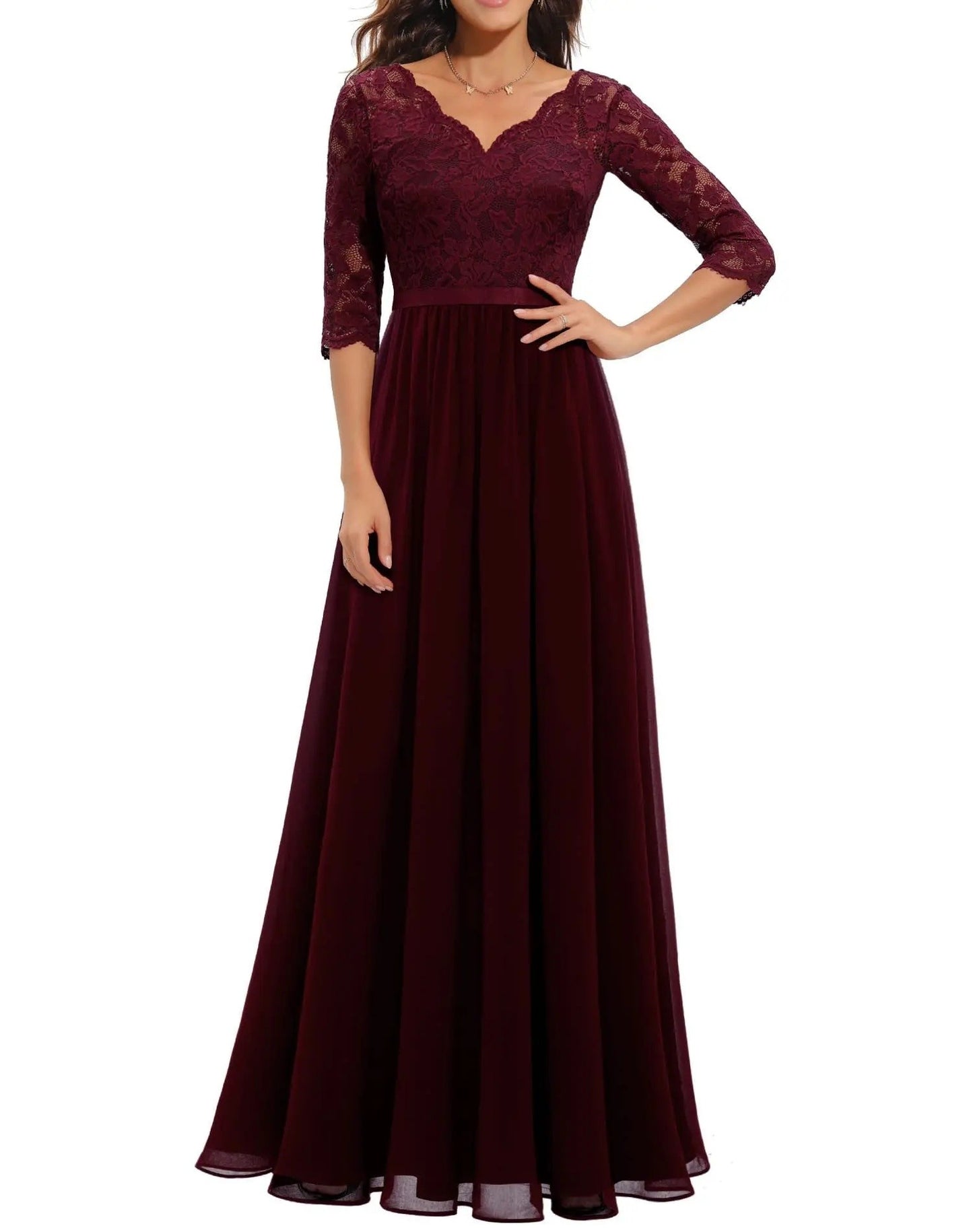 New 6-Color 5-Size Lace Splicing Long Waist-Cinching Elegant Dress Floor-Length V-Neck Polyester Fiber Evening Gown Dress