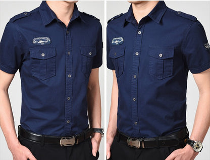 Men Cargo Shirts Summer Military Cotton Short Sleeve Shirts Retro Slim Fit With Pocket Epaulets Half Sleeve Shirts Drop Shipping