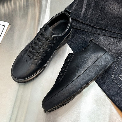 Fashion Thick Sole Black White Soft Men Leather Shoes Platform Men Casual Board Shoes Walking Sport Shoes Lightweight Work Shoes