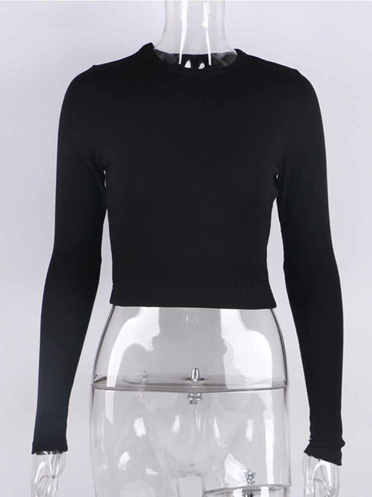 O Neck Long Sleeve Shirt Women Ribbed Sexy Cropped Tops 2024 Spring Black Casual Skinny Slim Basic Woman T Shirts White