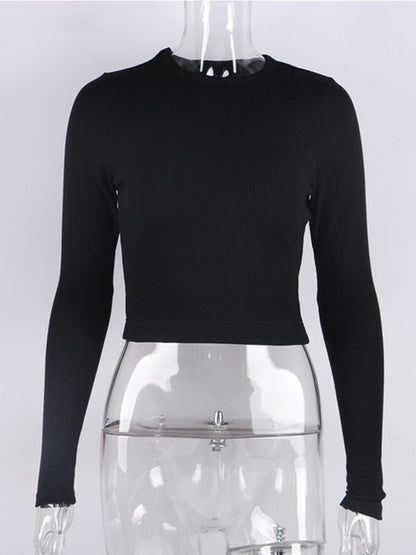 O Neck Long Sleeve Shirt Women Ribbed Sexy Cropped Tops 2024 Spring Black Casual Skinny Slim Basic Woman T Shirts White