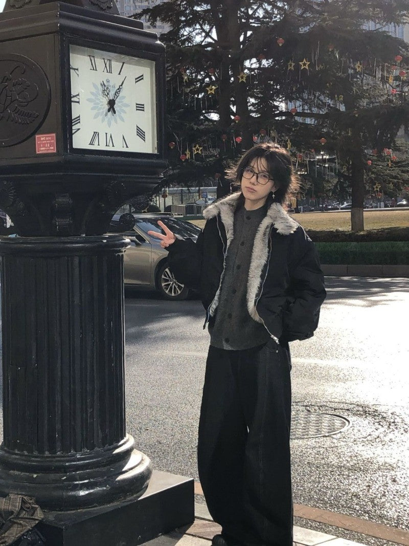 2025 Winter New Fashion Mountain Carving Imitation Wolf Fur Coat Men and Women Y2K Harajuku Hip-hop Pop Bomber Jacket Cleanfit