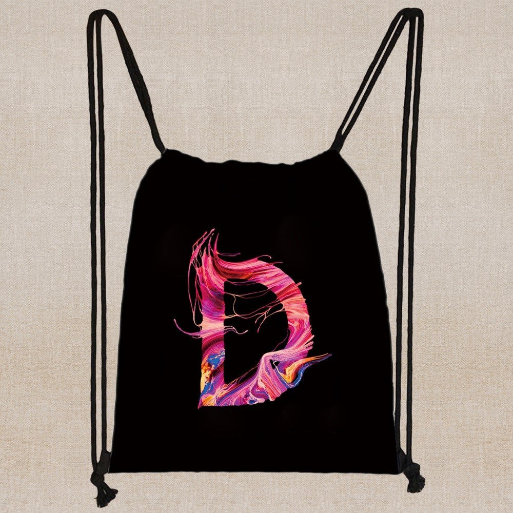 26 Initials Print Drawstring Bag Backpack Men and Women Beach Sports Travel Backpack Kid Gift Supplies Bag Portable Sundries Bag