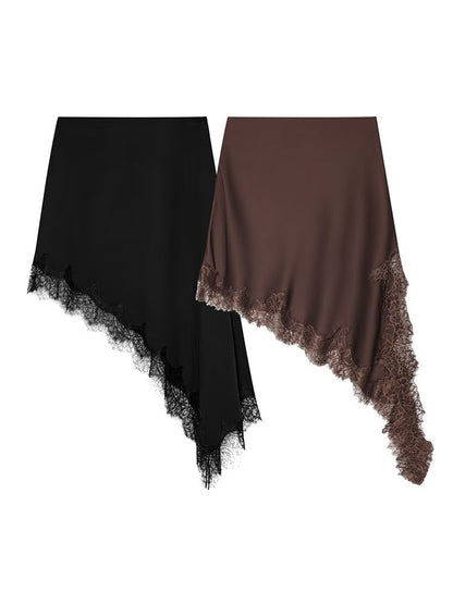 HH Women 2025 New Fashion Simple Asymmetrical Lace Skirt Female Elegant Sexy Silk Satin Texture Mid-Waist Casual Versatile Skirt