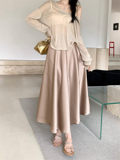 Plus Size Satin Half-Body Skirt Female 2026 Spring New Korean Fashion Temperament Elegant Solid Casual A-line Skirts