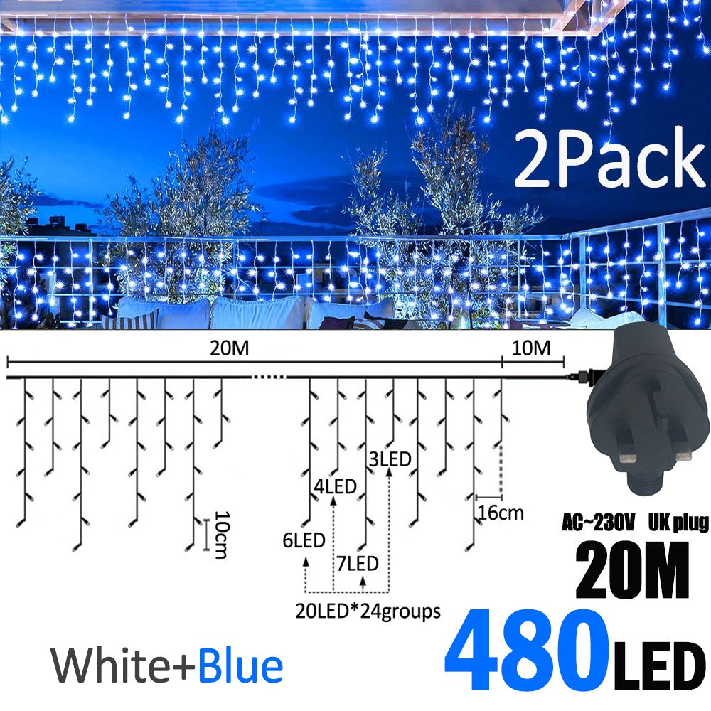 LED Christmas Icicle Curtain String Lights 20M+10M 480LED Extens 8Modes, Plug in Waterproof for Wedding Party Home Garden