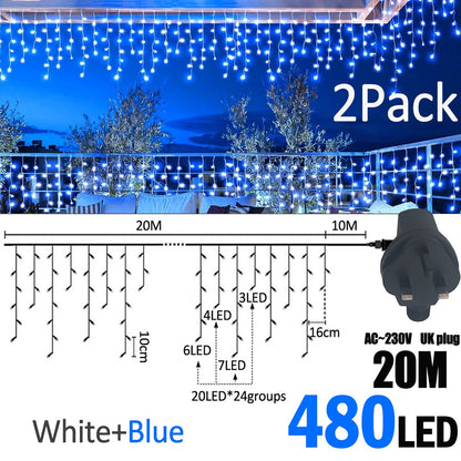 LED Christmas Icicle Curtain String Lights 20M+10M 480LED Extens 8Modes, Plug in Waterproof for Wedding Party Home Garden