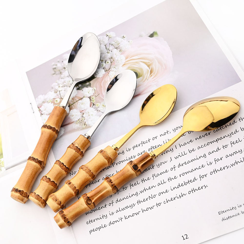 Drmfiy Teaspoon Dinnerware Set Stainless Steel 4/6/10Pcs Coffee Spoons Cutlery Set Kitchen Bamboo Handle Golden Tableware Set