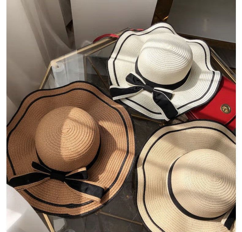 Beach HatJapanese Everything Hairy Edge Straw Hat Female Summer dome  Top Outing Sun Hat Small Fresh Bow Sun Shade Beach Hat