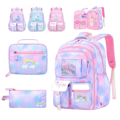 Mochila Escolar Feminina de 3 Peças Grande Capacidade Bolsa Escolar Infantil com Lancheira Estojo Bolsa de Viagem Presente Infantil
