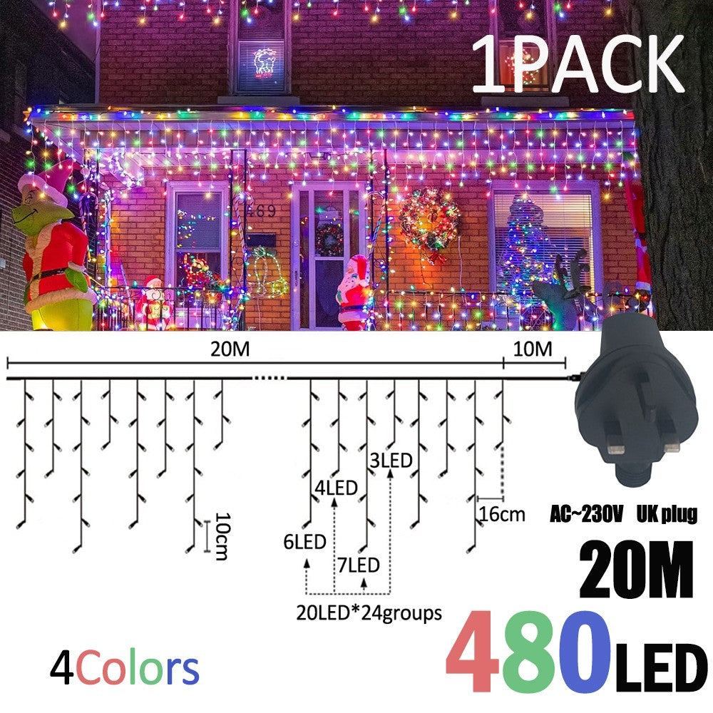 LED Christmas Icicle Curtain String Lights 20M+10M 480LED Extens 8Modes, Plug in Waterproof for Wedding Party Home Garden