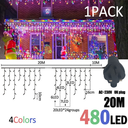 LED Christmas Icicle Curtain String Lights 20M+10M 480LED Extens 8Modes, Plug in Waterproof for Wedding Party Home Garden