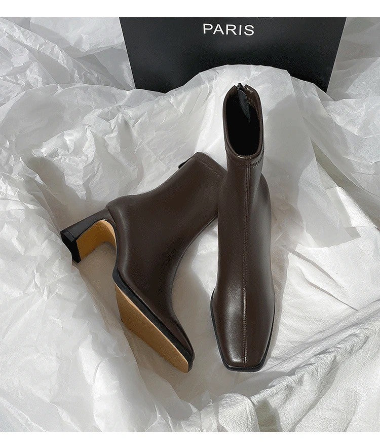 Autumn and Winter New Brown Short Boots with Velvet Coarse Heel French Ankle Boots and Back Zipper Square Head Boots