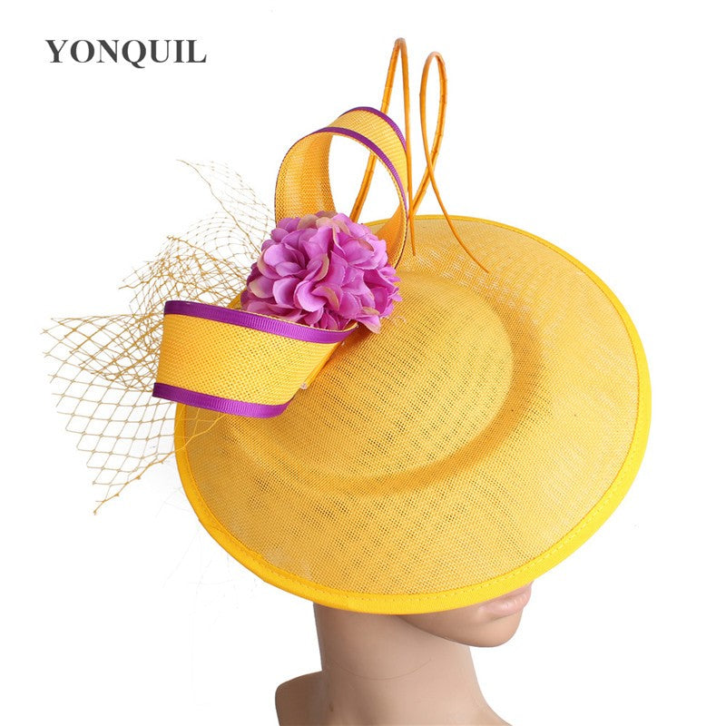 Novo Design Amarelo Com Cabelo Roxo Fascinator Chapéu Tiara Nupcial Casamento Festa Adereço de Cabelo Malha Senhoras Ocasião Acessórios de Cabelo