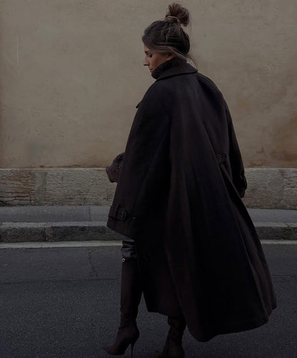 Brown Women Retro Woolen Warm Overcoat Solid Lapel Waist Cinching Single Breasted Loose Coat 2025 Lady Winter Street Warm Wear