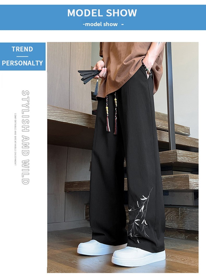 Novas Calças de Seda Gelo Chinesas Masculinas Verão Fina Solta Perna Larga Marca de Moda Seda Gelo Estilo Chinês Calças Casuais Bordadas Frescas
