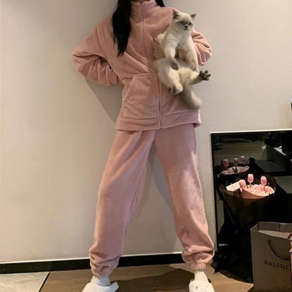 2025 Autumn Winter Homewear Pajamas Set for Women Long Shirt Trousers 2 Pieces Keep Warm Sleepwear Loungewear