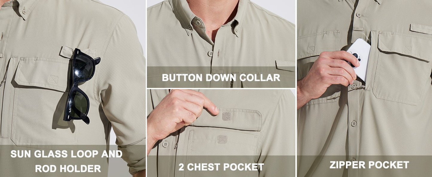MAGCOMSEN Sun Protection Shirt Quick Dry Long Sleeve Mesh Breathable Shirt Multi Pockets Fishing Shirts Hiking Work Cargo Shirts