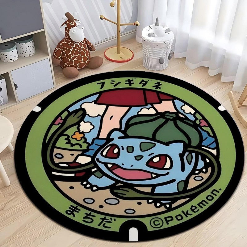 MINISO Japanese Anime Pokemon Round Rugs Non-Slip Floor Mat for Home Living Room Bedroom Circle Rug Washable Round Carpet Decor