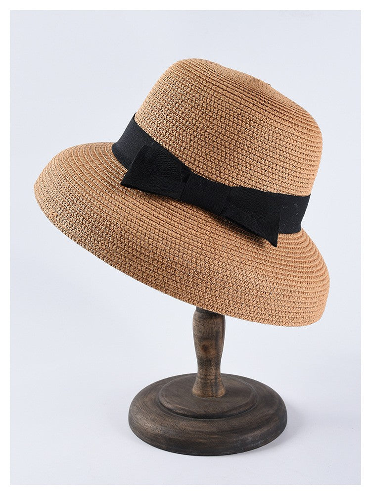 USPOP Novas chapéus de sol femininos moda laço chapéu de palha casual verão aba larga chapéu de praia feminino chapéu de verão