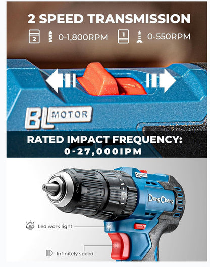 Furadeira de Impacto Brushless 20V para Serviço Pesado, Torque de 50 Nm, Furadeira de Impacto Sem Fio com 2 Baterias para Tijolo, Metal e Madeira
