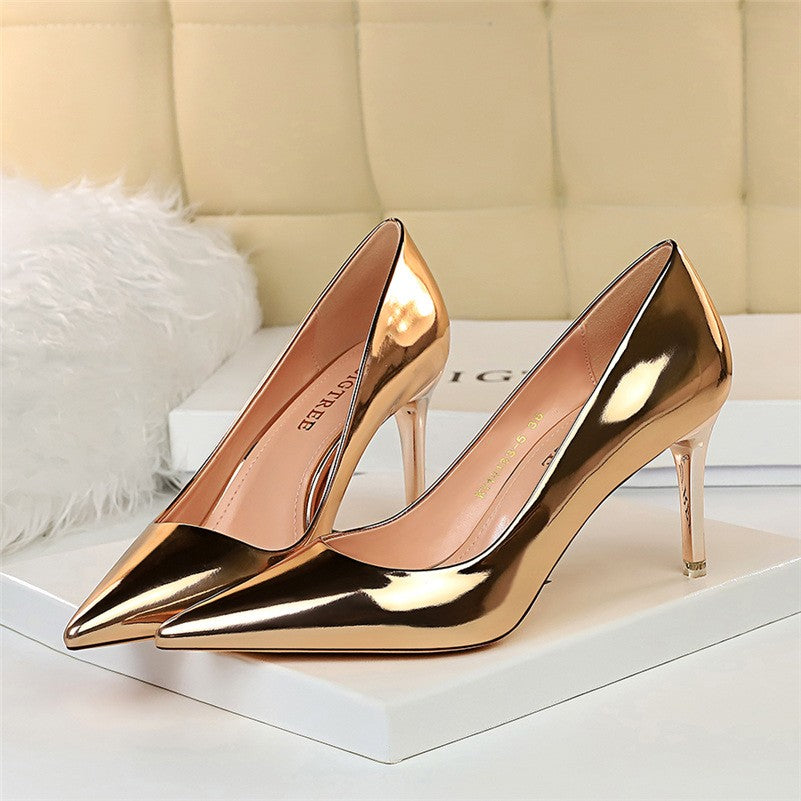 Women Mteallic Bronze Leather Pumps 7.5cm 10.5cm High Heels Lady Stiletto Middle Heels Wedding Bridal Gold Silver Event Shoes