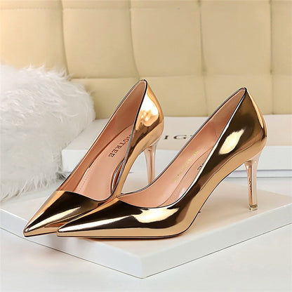 Women Mteallic Bronze Leather Pumps 7.5cm 10.5cm High Heels Lady Stiletto Middle Heels Wedding Bridal Gold Silver Event Shoes