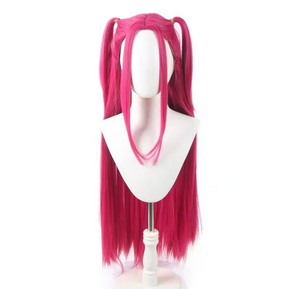 Peruca rabo de cavalo vermelha rosada com franja, cabelo longo e liso, peruca sintética rosa e vermelha estilo anime com rabo de cavalo duplo, adequada para o Halloween