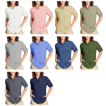 TACVASEN Womens UPF 50+ Fishing Shirts UV Block Quick Dry Long Sleeve Cargo Shirts Breathable Mesh Outdoor Trekking Hiking Shirt